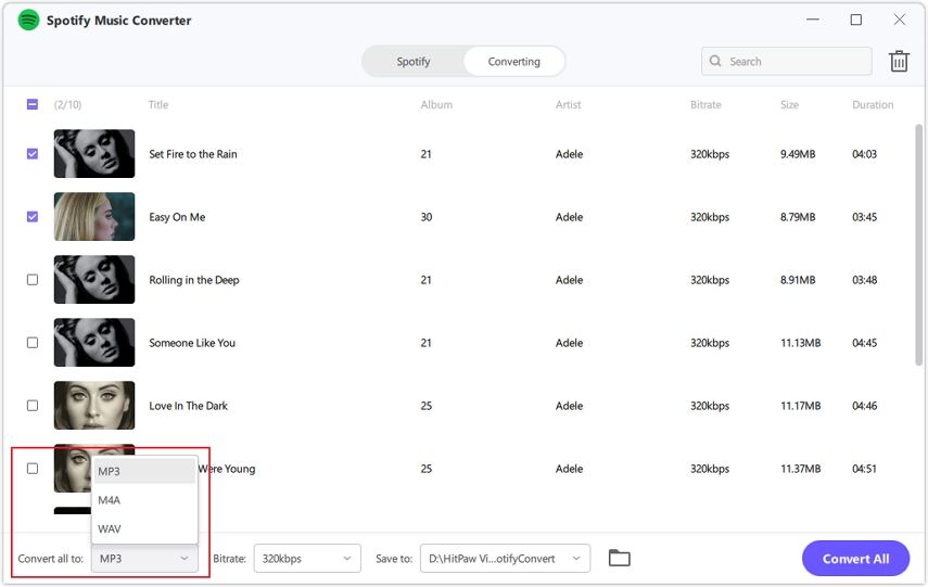 HitPaw Spotify Music Converter adjust the properties of the songs