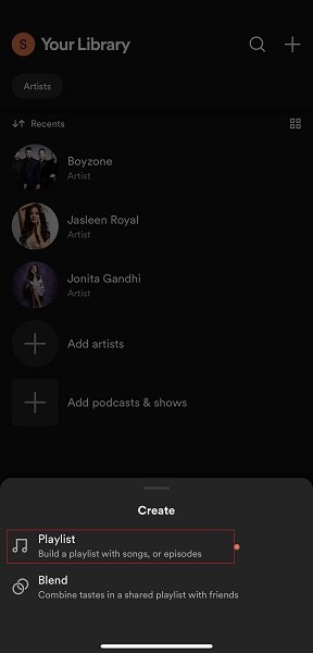 Create playlist on Spotify Mobile app