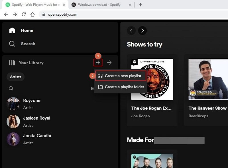 Create a playlist on Spotify computer