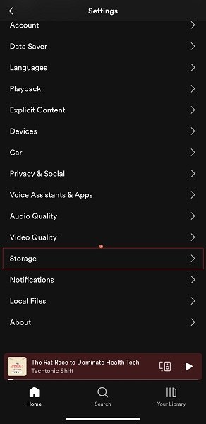 tap Storage on Spotify settings