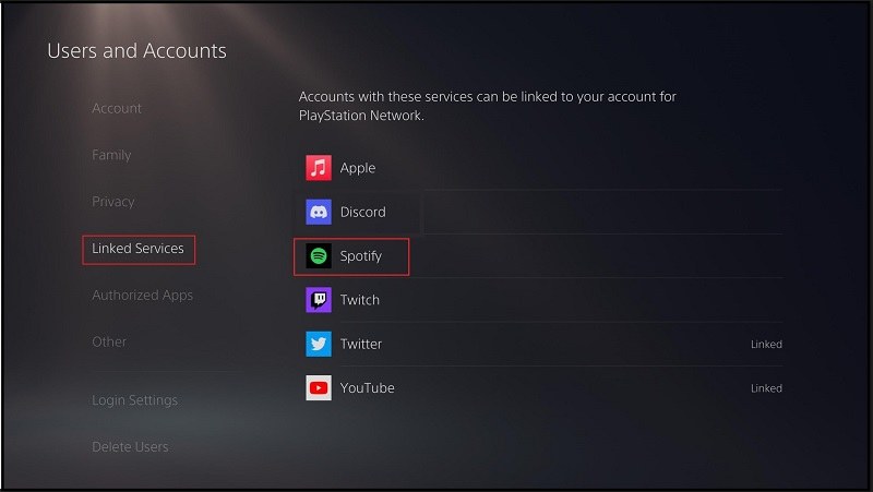 Unlinking Spotify account from PS5