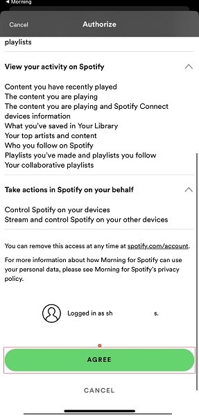 AGREE to authorize Morning Alarm for Spotify to access Spotify on iPhone