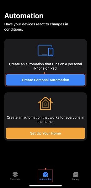 Create Personal Automation on iPhone shortcut