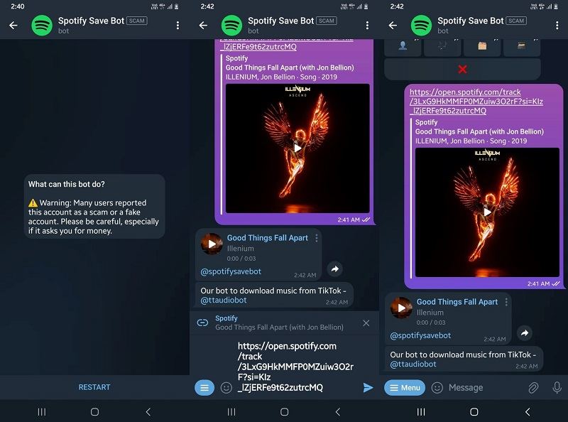 Spotify Music/playlists downloader Telegram bot showing how it works