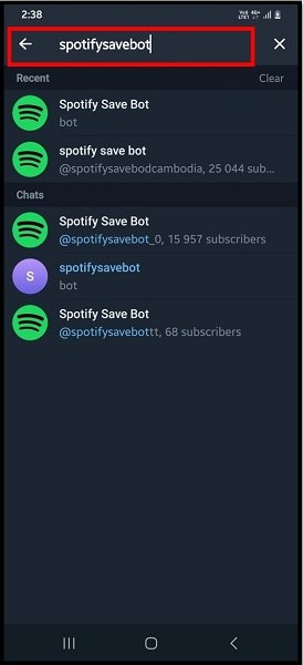 how to search for Spotify Save Bot in the Telegram search bar