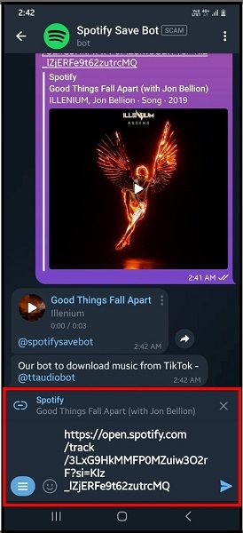 paste the Spotify link into the Spotify Save Bot chat interface