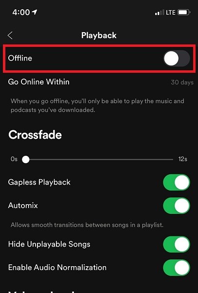 Enable offline mode on mobile phone to play Spotify music on multiple devices