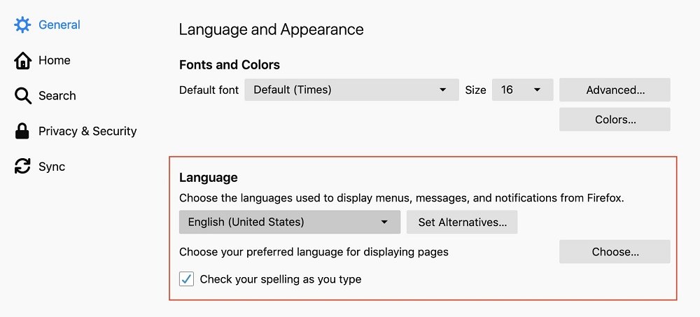 the language settings in Mozilla Firefox browser