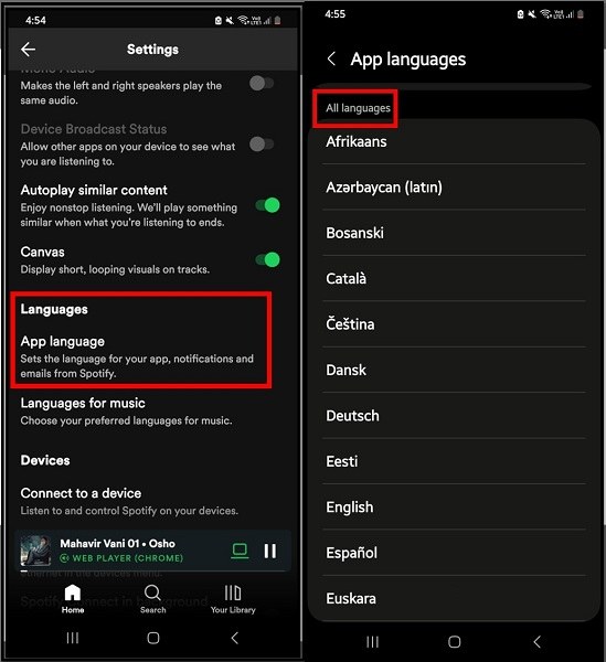 the Language option in Spotify settings