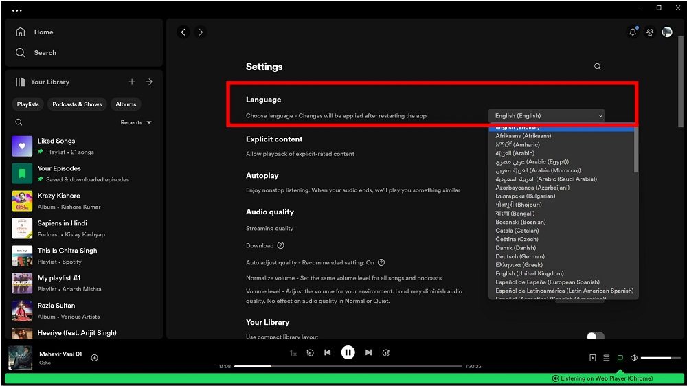 the Language option on Spotify desktop
