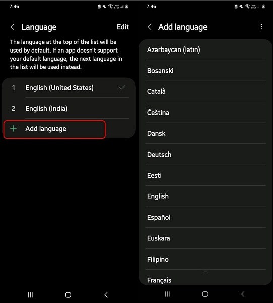 the Language option on Android